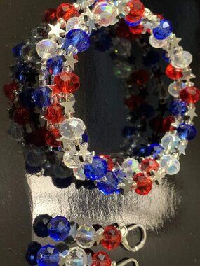Handmade. Patriotic glass and hematite star bead coil bracelet and earrings set
